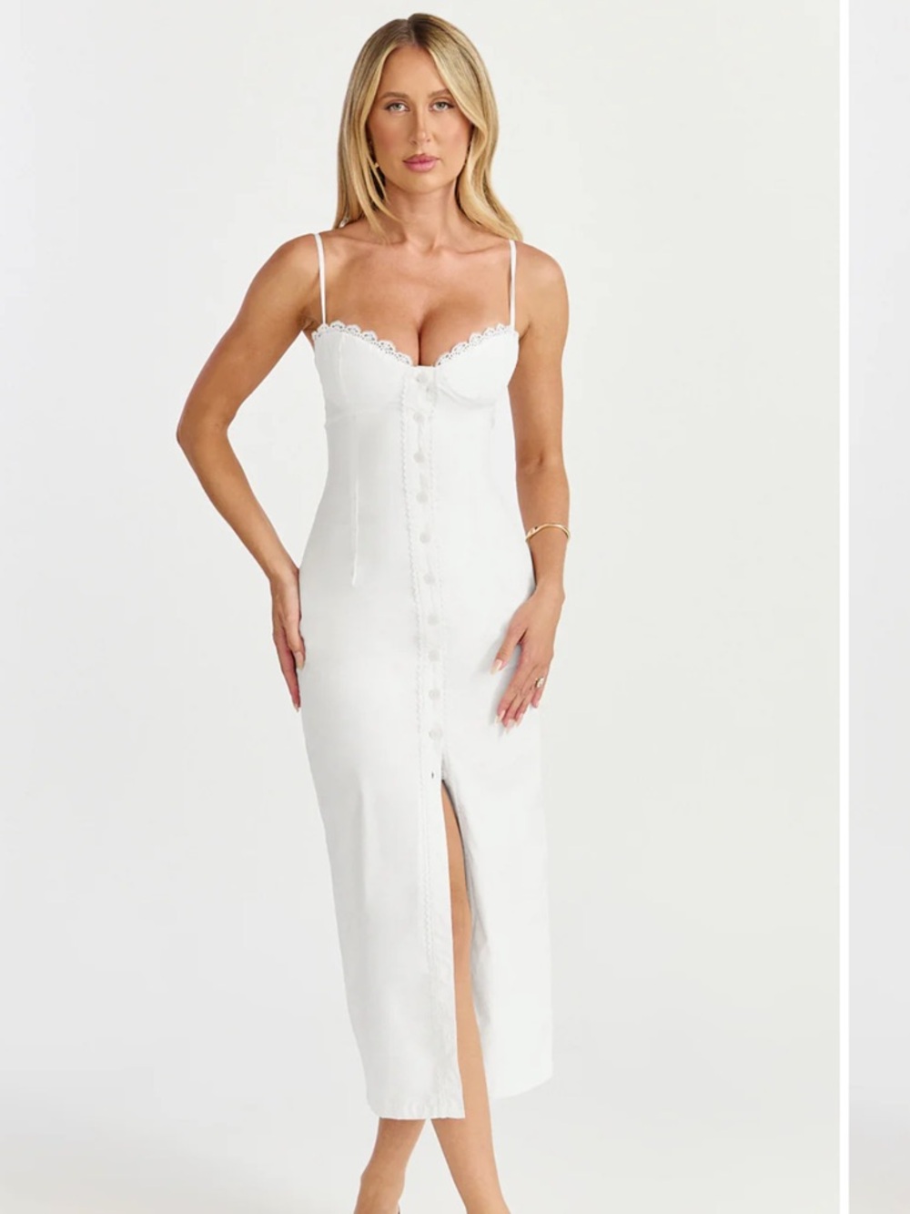 White Lace-Trim Midi Dress with Front Buttons